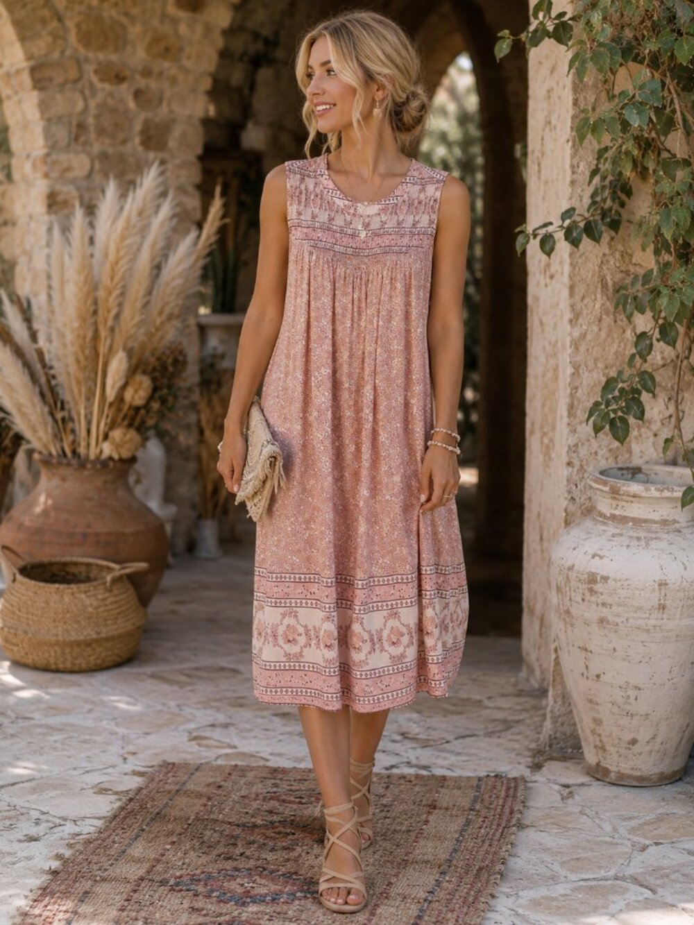 Davi + Dani Boho Light Pink Patterned Cottagecore Smocked Sleeveless Dress